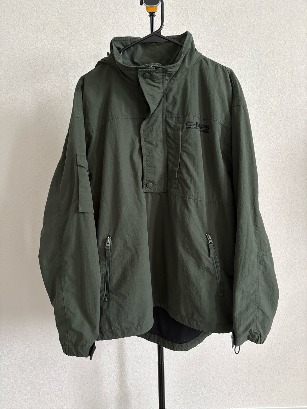 Vintage Chaps Ralph Lauren Size M Olive Green Nylon Hooded Anorak Utility Jacket